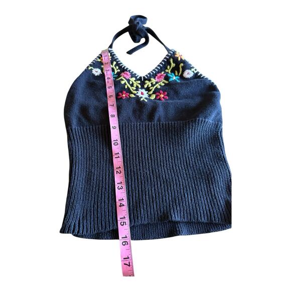 Wet Seal Black Embroidered Knit Halter Top Boho Floral Y2K Ribbed Stretch S - Picture 4 of 6
